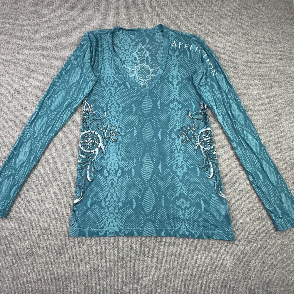 Affliction T-Shirt M Teal Snake Skin Cross Embellished USA Made Y2K Grunge‎ Moto